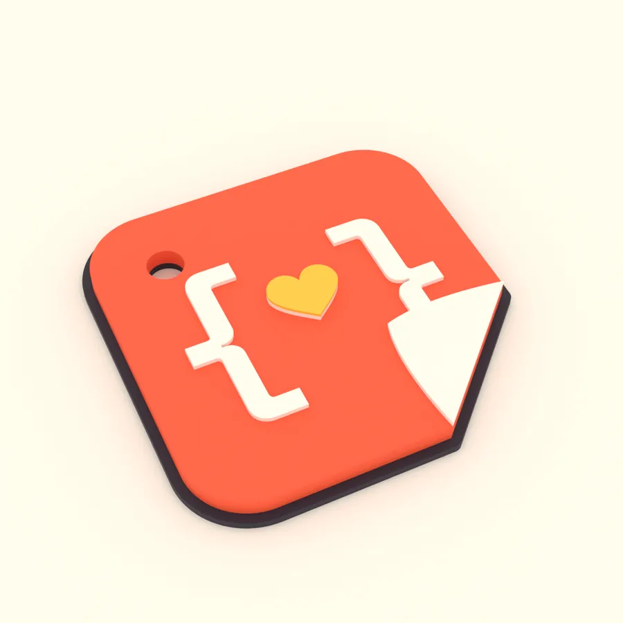 Coral 3D printed StickerCon keychain shaped like a sticker with a peeled corner, raised curly braces and a yellow heart