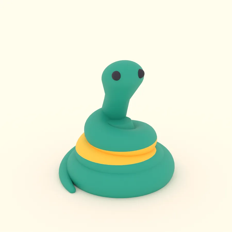 Pip, a teal 3D printed snake desk mascot with a yellow stripe, designed and printed by StickerCon