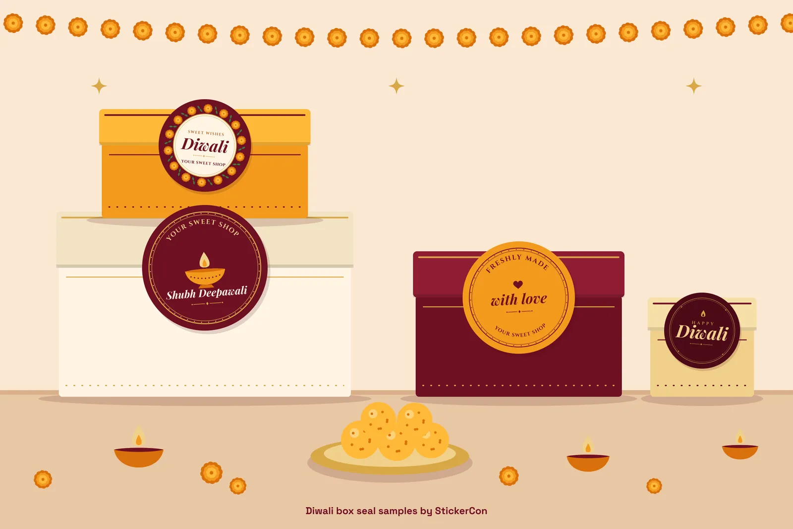 Sweet boxes closed with round StickerCon Diwali seals, next to a plate of laddoos, diyas and marigolds