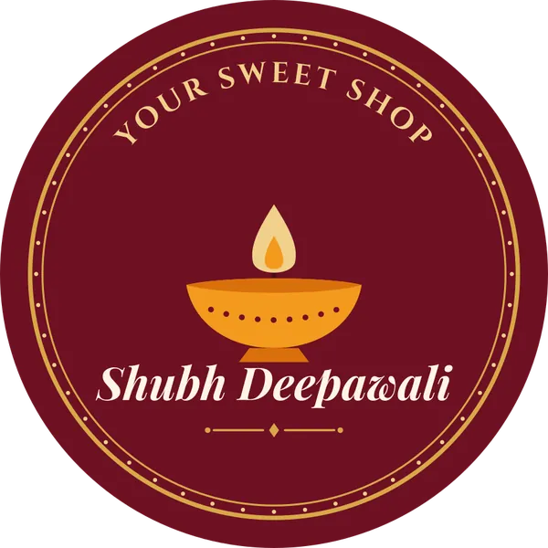 Round maroon box seal with a glowing diya, the words Shubh Deepawali and space for your shop name
