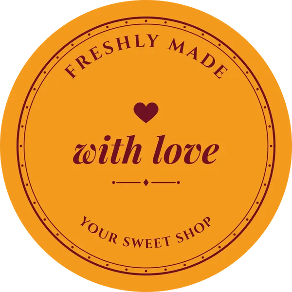 Golden yellow round seal reading Freshly made with love, with a small heart and your shop name