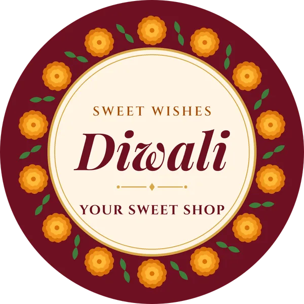 Round box seal with a ring of orange marigolds, the words Sweet wishes Diwali and your shop name