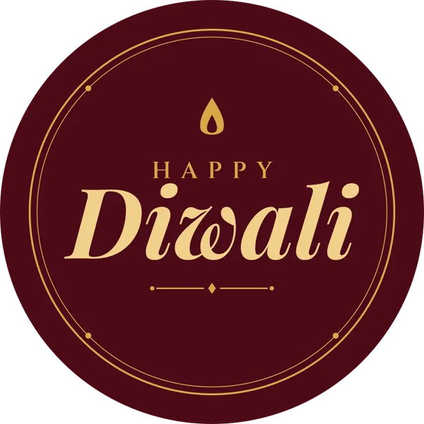 Minimal round seal with Happy Diwali in gold lettering on deep maroon